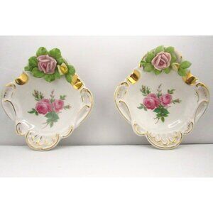 Vintage Dresden Ashtray, Trinket : Germany Capodimante Roses & Gold Trim Set